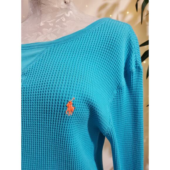 Polo Ralph Lauren Waffle Knit Thermal Boatneck Pullover Womens Size L Turquoise - Picture 2 of 9
